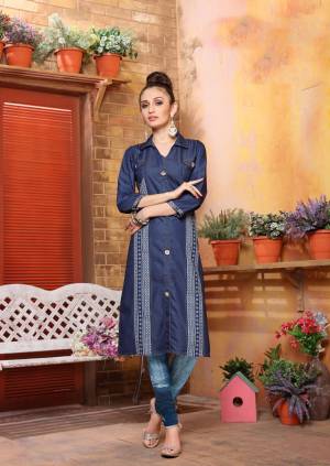 You Will Definitely Earn Lots Of Compliments Wearing This Readymade Kurti In Blue Color Fabricated On Soft Denim Beautified With Elegant Prints.