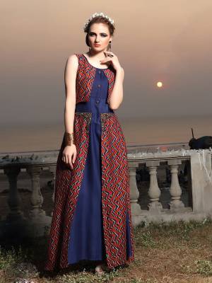 Here Is Long Designer Kurti In Blue And Red Color Fabricated On Rayon Cotton. This Pretty Kurti Is Beautified With Geometrical Prints And Hand Work. Buy Now.