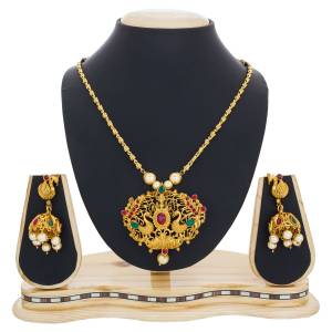 Add This Pretty Necklace Set To Your Collection In Golden Color With Peacock Design, Beautified With Green And Pink Colored Stones. This Necklace Set Is Light Weight and Easy To Carry all day Long.
