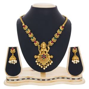 Beautifully Crafted Necklace Set Is Here In Golden Color Beautified With Stone Work And Holy Picture Craved Over It. This Traditonal Necklace set Will Earn You Lots Of Compliments From Onlookers.