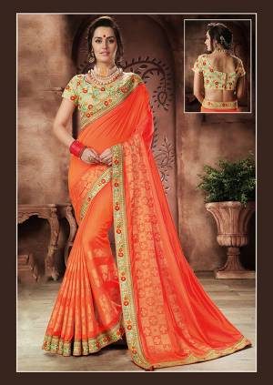 For an enticing appeal, pair this bright orange silk saree with anqique jewels , for they blend beautifully with silks