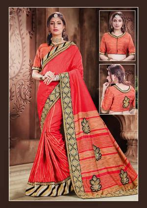 Be an epitome of poise and panache and bedeck yourself in this graceful silk saree. Show off the short pallu by draping it in a free floating style and look Majestic. 