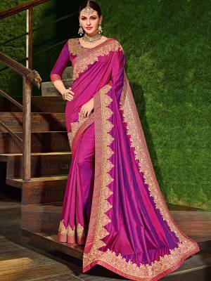 The fabulous pattern makes this Magenta pink color two-tone silk fabrics saree. Ideal for party, festive & social gatherings. this gorgeous saree featuring a beautiful mix of designs. Its attractive color and designer patch, stone, floral design work over the attire & contrast hemline adds to the look. Comes along with a contrast unstitched blouse.