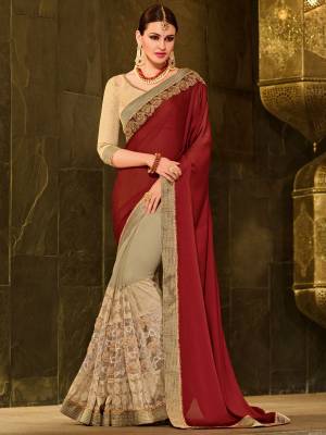Wear this maroon and beige color bright georgette and fancy net georgette saree. Ideal for party, festive & social gatherings. this gorgeous saree featuring a beautiful mix of designs. Its attractive color and designer floral design, stone work over the attire & contrast hemline adds to the look. Comes along with a contrast unstitched blouse.