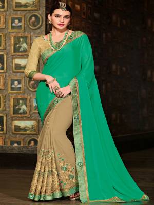 marvelously charming is what you will look at the next wedding gala wearing this beautiful green and beige color bright georgette and georgette saree. Ideal for party, festive & social gatherings. this gorgeous saree featuring a beautiful mix of designs. Its attractive color and designer floral design, stone work over the attire & contrast hemline adds to the look. Comes along with a contrast unstitched blouse.
