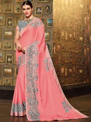 Bring out the best in you when wearing this pink color bright georgette saree. Ideal for party, festive & social gatherings. this gorgeous saree featuring a beautiful mix of designs. Its attractive color and designer floral design, stone work over the attire & contrast hemline adds to the look. Comes along with a contrast unstitched blouse.