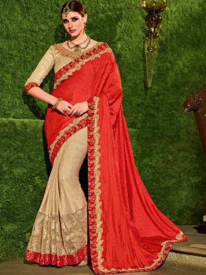 The fabulous pattern makes this saree a classy number to be included in your wardrobe. orange and beige color silk fabrics and net work and lycra pattern saree. Ideal for party, festive & social gatherings. this gorgeous saree featuring a beautiful mix of designs. Its attractive color and designer floral design, stone work over the attire & contrast hemline adds to the look. Comes along with a contrast unstitched blouse.