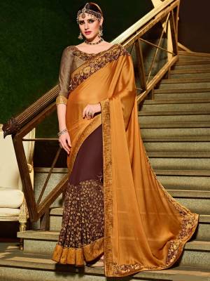 You Look elegant and stylish this festive season by draping this musturd yellow & brown color bright georgette and net heavy work georgette saree. Ideal for party, festive & social gatherings. this gorgeous saree featuring a beautiful mix of designs. Its attractive color and designer floral design, stone work over the attire & contrast hemline adds to the look. Comes along with a contrast unstitched blouse.