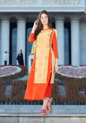It Is Orange And Beige Color Lightweight And Perfect For Party Wear Collection. Made For Georgette .This Is A Great Value Addition To Your Wardrobe Which Adds Variety To It. This Fabulous Kurti Just For You.