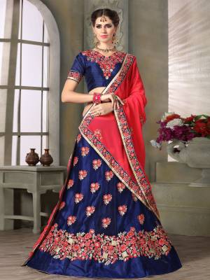To A Give A Vibrant Look To Your Personality, Grab This Designer Lehenga Choli In Royal Blue Color Paired With Contrasting Dark Pink Colored Dupatta. Its Blouse IS Fabricated On Art Silk Paired With Net Lehenga And Georgette Dupatta. Its All Three Fabrics Ensures Superb Comfort All Day Long.