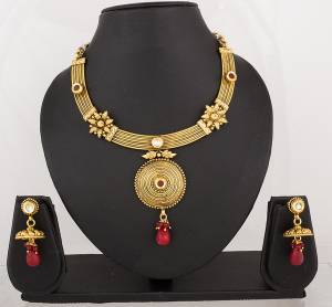 Look Pretty Wearing This Necklace Set With Maroon Or Any Contrasting Colored Traditional Attire. This Necklace Set Is Made On Copper So It Is Light In Weight And Easy To Carry All Day Long.
