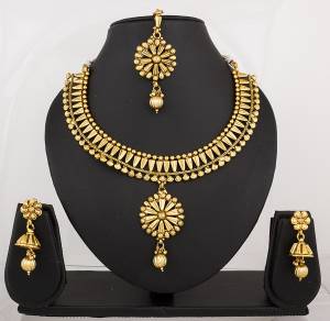 Give Heavy And Attractive Look To Your Attire, Pairing It Up With This Beautiful Golden Colored Necklace Set Which Is Light Weight And Easy To Carry All Day Long. 