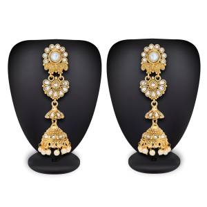 Simple and Elegant Looking Set Of Earrings Is Here In Golden Color Beautified With White Colored Stones. It Is Light In Weight Easy To Carry All Day Long.