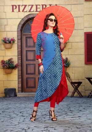 For Next Casual Function, Grab This Kurti In Blue And Red Color Fabricated On Cotton, It Is Beautified With Prints All Over. Also It Is Light Weight, Durable And Easy To Care For.