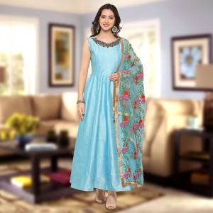 Look Beautiful Wearing This Gown In Sky Blue Color Paired With Sky blue Colored Dupatta. This Gown Is Fabricated On Art silk Paired With Net Fabricated Dupatta. Its Dupatta Has Heavy Embroidery All Over It. Buy This Designer Gown Now.