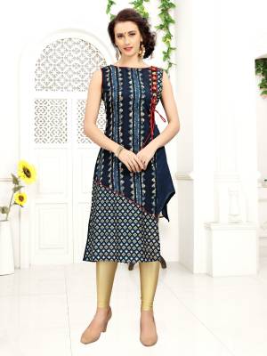 Get This Amazing Designer Two Layered Kurti In Blue Color Fabricated On Rayon Cotton Beautified With Prints All Over. Buy This Kurti Now.