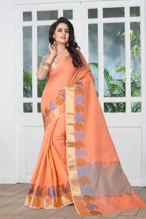 Here Is A Lovely Pastel Shade With This Saree In Pastel Orange Color Paired With Beige Colored Blouse. This Saree And Blouse Are Fabricated On Banarasi Art Silk. This Rich Fabric Is Light Weight And Soft Towards Skin Which Is Easy To Carry All Day Long.