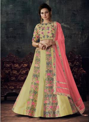 Look Pretty Wearing This Beautiful Combination In Lehenga Choli With Light Green Colored Blouse Paired With Light Green Colored Lehenga And Contrasting Pink Colored Dupatta. This Lehenga Choli Is Fabricated On Art silk Paired With Net Fabricated Dupatta. Buy This Designer Lehenga Choli Now.