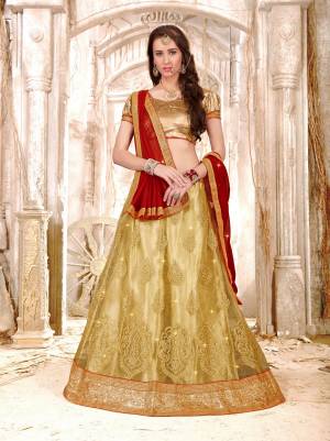Simple And Elegant Looking Lehenga Choli Is Here In Golden Colored Blouse Paired With Beige Colored Lehenga And Red Colored Dupatta. Its Blouse Is Fabricated On Gota Paired With Net Lehenga And Chiffon Dupatta. This Lehenga Choli Is For All Occasion Wear. Buy Now. 