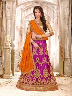 Colors Add Beauty To Your Personality And Attire. Grab This Lovely Lehenga Choli In Golden Colored Blouse Paired With Light Purple Colored Lehenga And Orange Colored Dupatta. Its Blouse Is Fabricated On Gota Silk Paired With Net Lehenga And Chiffon Dupatta. Its All Three Fabircs Ensures Superb Comfort All Day Long. 