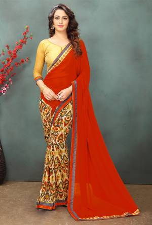 Traditional Color Combination Is Here With This Saree In Red And Yellow Color Paired With Yellow Colored Blouse. This Saree Is Fabricated On Georgette Paired With Art Silk And Net Fabricated Blouse. It Has Simple Prints Over The Skirt Of The Saree.