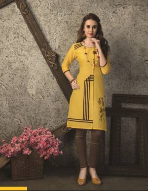 Be It Your College, Home Or Work Place, This Kurti Is Suitable For All. Grab This Pretty Yellow Colored Readymade Kurti Fabricated On Cotton. Buy This Kurti Now. 