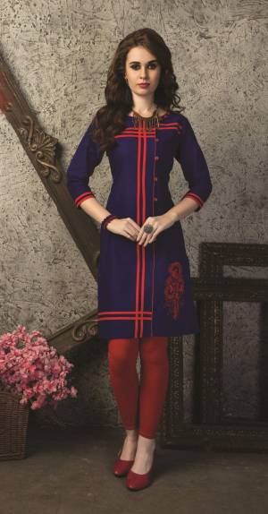 Dark Colors Are Perfect Sor Your Casual Wear Which Are Durable. Grab This Violet Colored Readymade Kurti Fabricated On Cotton Beautified With Thread Work. Buy It Now.