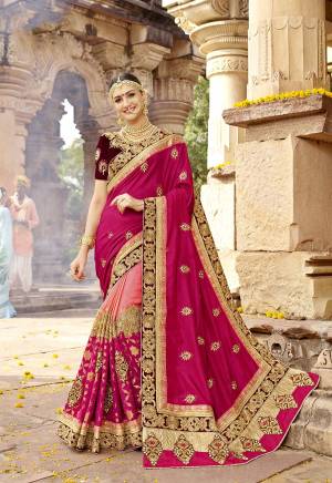 Go With The Shades Of Pink With This Pretty Saree In Dark Pink And Pink Color Paired With Dark Pink Colored Blouse. This Saree And Blouse Are Fabricated On Art Silk Which Is Beautified With Heavy Embroidery. Buy This Designer Saree Now.