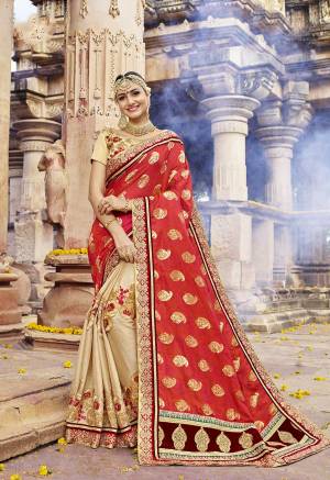 Attract All Wearing This Saree Orange And Beige Color Paired With Beige Colored Blouse. This Saree Is Fabricated On Jacquard Silk And Silk Chiffon. This Saree Is Suitable For All Occasion Wear. Buy It Now.