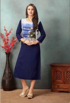 Look Pretty In This Navy Blue Readymade Kurti Fabricated On Rayon Cotton. This Kurti Has Print Over The Yoke. It Is Available In Many Sizes. Buy This Kurti Now.