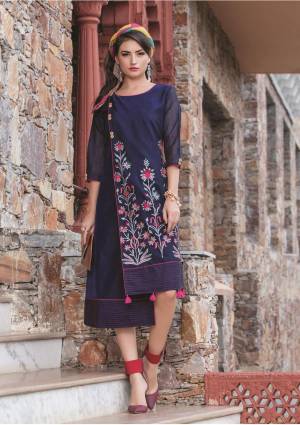 Grab This Pretty Kurti In Navy Blue Color Fabricated On Chanderi Silk Beautified With Thread Work. Its Lovely Flap Pattern And Embroidery Will Earn You Lots Of Compliments From Onlookers.
