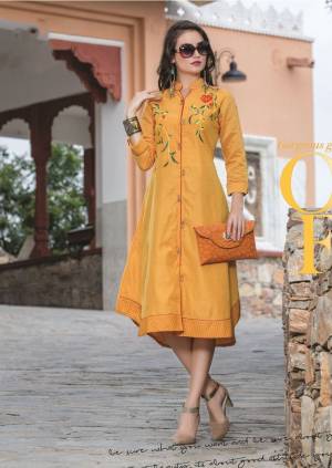 Add This Lovely Shade To Your Wardrobe With This Readymade Kurti In Musturd Yellow Color Fabricated On Chanderi Silk. It Is Beautified With Thread Work And Also Light In Weight And Easy To Carry All Day Long.