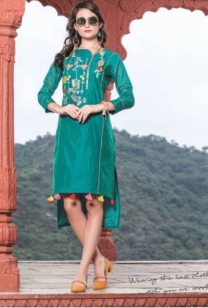 New Shade In Blue Is Here With This Readymade Kurti In Teal Blue Color Fabricated On Chanderi Silk Beautified With Thread Embroidery. It Is Light Weight And Also Easy To Carry All Day Long.
