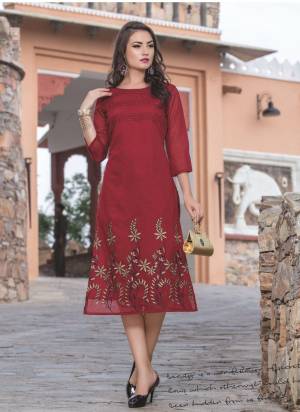 For A Royal Look, Grab This Lovely Maroon Colored Kurti Fabricated On Chanderi Silk Beautified With Thread Work Over The Kurti Panel. Buy This Designer Kurti Now.