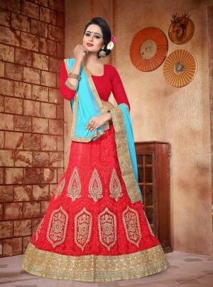 Adorn The Lovely Angelic Look Wearing This Lehenga Choli In Red Color Paired With Contrasting Turquoise Blue Colored Dupatta. Its Blouse Is Fabricated On Art Silk Paired With Net Lehenga And Georgette Dupatta. Its All Three Fabrics Ensures Superb Comfort All Day Long.