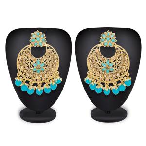 Give Your Simple Attire A Pretty Look Pairing It Up With This Pair Of Earrings In Golden Color Beautified With Blue Colored Stone Work. It Is Light Weight And Easy To Carry All Day Long.