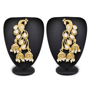 Peacock Patterned Earrings Are Here In Golden Color With White Stones. This Pretty Pair Can Be Paired With Any Colored Traditional Attire. Buy Now.