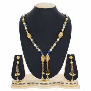 Elegant Looking Necklace Set Is Here Golden Color Beautified With Multi Colored Sotnes. It Is Light Weight And Easy To Carry Throughout The Gala.