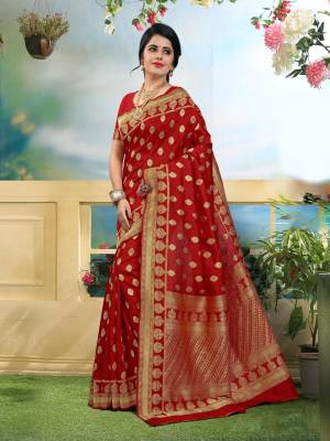 Adorn The Angelic Look Wearing This Saree In Red Paired With Red Colored Blouse. This Saree And Blouse Are Fabricated On Art Silk. It Is Easy To Drape And Durable Saree.