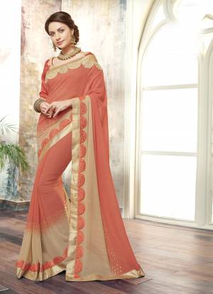 Most Demanding Color Of The Season Is Here With This Peach Colored Saree Paired With Peach Colored Blouse. This Saree Is Fabricated On Georgette Paired With Art Silk Fabricated Blouse. It Has Beautiful Fancy Embroidered Lace Border Making The Saree Elegant And Attractive.