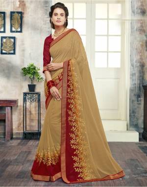 For A Rich And Elegant Look, Grab This Beautiful Saree In Beige Color Paired With Maroon Colored Blouse. This Saree Is Fabricated On Georgette Paired With Art Silk Fabricated Blouse. It Is Beautified With Embroidery Which Is Light Weight And Easy To Carry All Day Long.