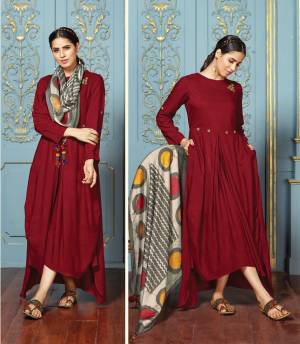 Grab This Beautiful And Attractive Designer Readymade Kurti In Maroon Color Fabricated On Rayon Cotton Paired With Printed Scarf Fabricated On Silk Satin. Buy This Designer Kurti Now.