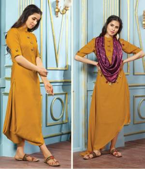 Best Color In Kurti Is Here With This Designer Readymade Kurti In Musturd Yellow Color Paired With Purple Colored Scarf. This Kurti Is Fabricated On Rayon Cotton With Silk Satin Fabricated Scarf. Buy This Pretty Amazing Kurti Now.