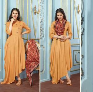 Simple And Elegant Looking Designer Kurti Is Here In Beige Color Fabricated O Rayon Cotton Paired With Satin Silk Fabricated Scarf. This Kurti Is Light Weight And Easy To Carry All Day Long.