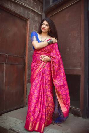 Shine Bright Wearing This Saree In Fuschia Pink Color Paired With Contrasting Royal Blue Colored Blouse. This Saree And Blouse Are Fabricated On Jacquard Silk Beautified With. Its Is Light Weight, Easy To Drape And Carry All Day Long. 