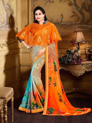 Go Colorful Wearing This Saree In Multi Color Paired With Brown Colored Blouse And Orange Colored Cape. This Saree Is Fabricated On Georgette Brasso Paired With Crepe Blouse And Net Fabricated Cape. It Has Heavy Embroidery Over The Cape. Buy Now. 