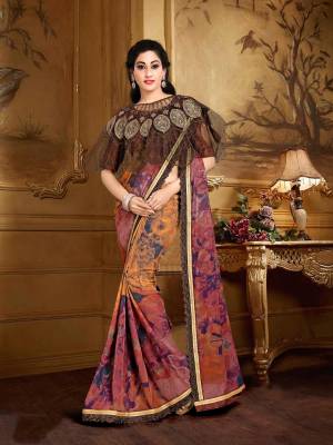 Look Beautiful Wearing This Designer Saree In Multi Color Paired With Brown Colored Blouse And Cape. This Saree Is Fabricated On Georgette Brasso Paired With Crepe Blouse And Net Fabricated Cape. Grab This New And Unique Patterned Saree Before The Stock Goes Out.