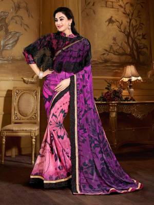 Pretty Shades Are Here Which Are Quite Favourites Among Women, Grab This Saree In Purple And Pink Color Paired With Pink Colored Blouse And Black Colored Cape. This Saree Is Fabricated On Georgette Brasso Paired With Crepe Blouse And Net Cape. This Saree Is Light Weight And Easy To Carry All Day Long.