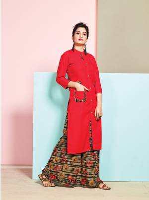 Grab This Beautiful Pair Of Readymade Kurti In Red Color Paired With Multi Colored Plazzo. This Kurti And Plazzo Are Fabricated On Rayon Cotton Beautified With Prints. It Is Soft Towards Skin And Easy To Carry All Day Long. Buy Now.