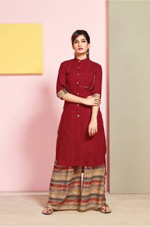 Look Beautiful Wearing This Readymade Set Of Kurti And Plazzo In Maroon Colored Kurti Paired With Multi Colored Plazzo. Both Are Fabricated On Rayon Cotton Beautified With Prints. It Is Light Weight And Easy To Carry All Day Long.